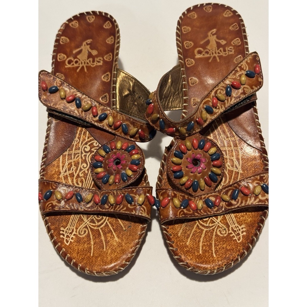 Corkys St. Kitts Multi-Color Leather Slides Sandals Heels Size 9 Beaded Brown